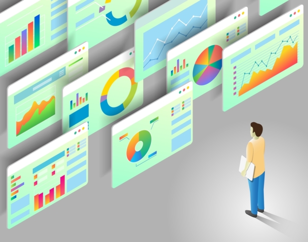 Data analytics concept. Vector isometric illustration of man looking at business statistics charts and graphs.