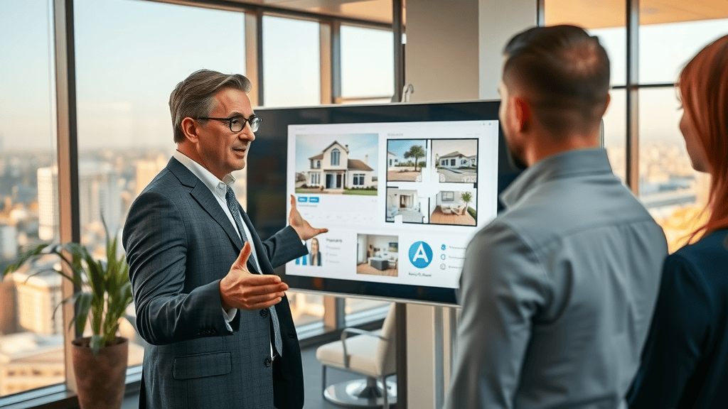 Agent presenting interactive floor plans and virtual tours in a luxury Orange County real estate office