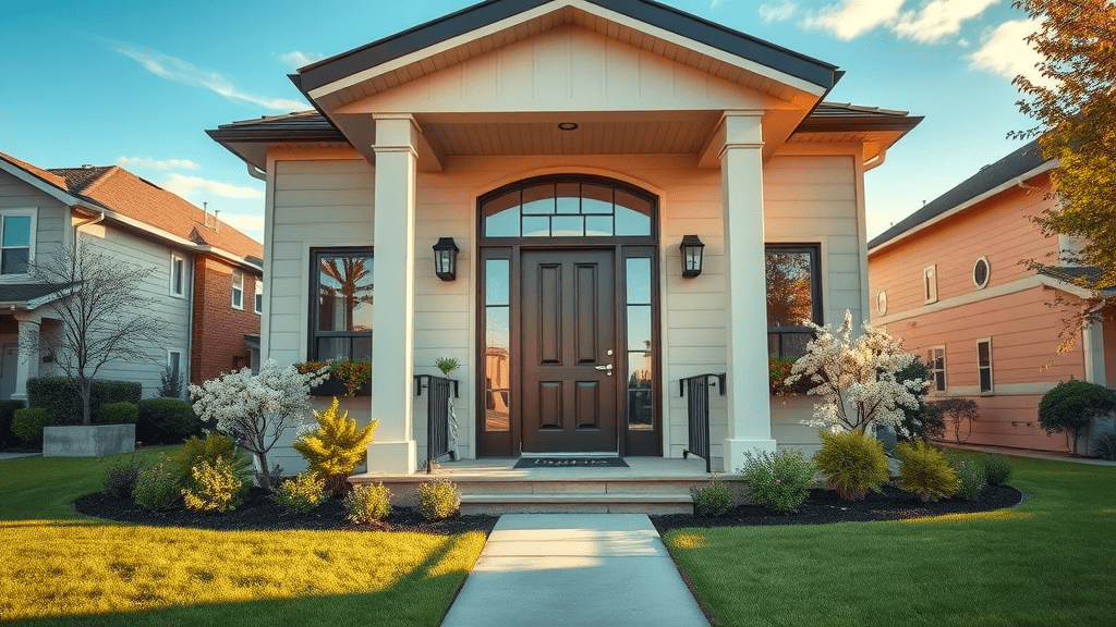 real estate photography inviting modern home exterior sunlit entryway golden hour high detail