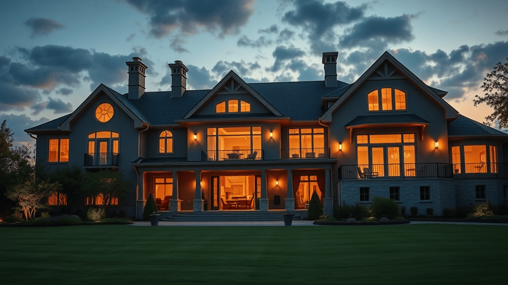 real estate photography twilight shot upscale home warm landscape dramatic sky