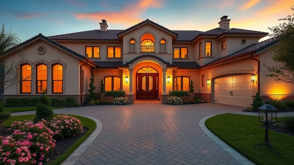 Elegant luxury home exterior with photorealistic real estate photography in Coto de Caza, golden hour lighting, grand entrance, and flowering landscaping