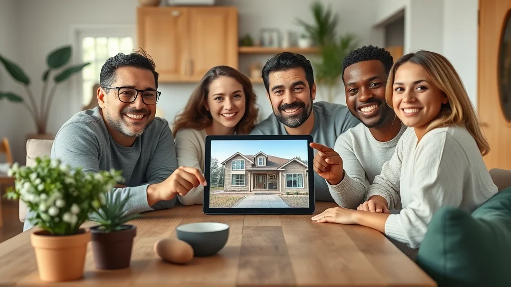 Diverse homebuyers viewing a 360 interactive tour on a tablet in a cozy modern dining space