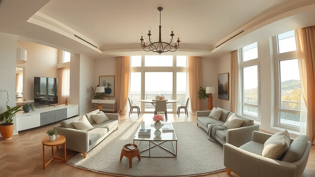 Immersive 360 interactive tour viewpoint featuring elegant modern living room with natural sunlight