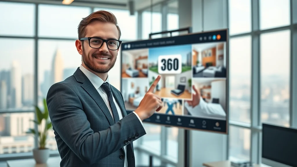 Modern real estate agent using digital 360 interactive tour platform in a tech-forward office with city skyline