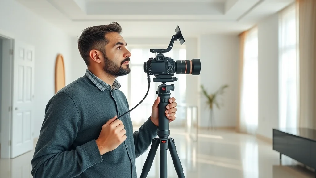 Real estate photographer setting up a 360-degree camera in a bright, modern property