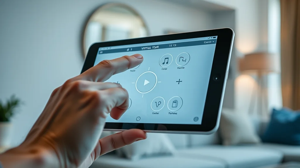 User interacting with high-res 360 virtual tour controls on a tablet in a modern home