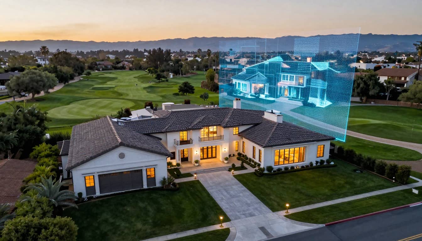 Aerial drone view of a luxury estate in Coto de Caza, California, sunset lighting, golf course backdrop, large property lot, cinematic real estate photography