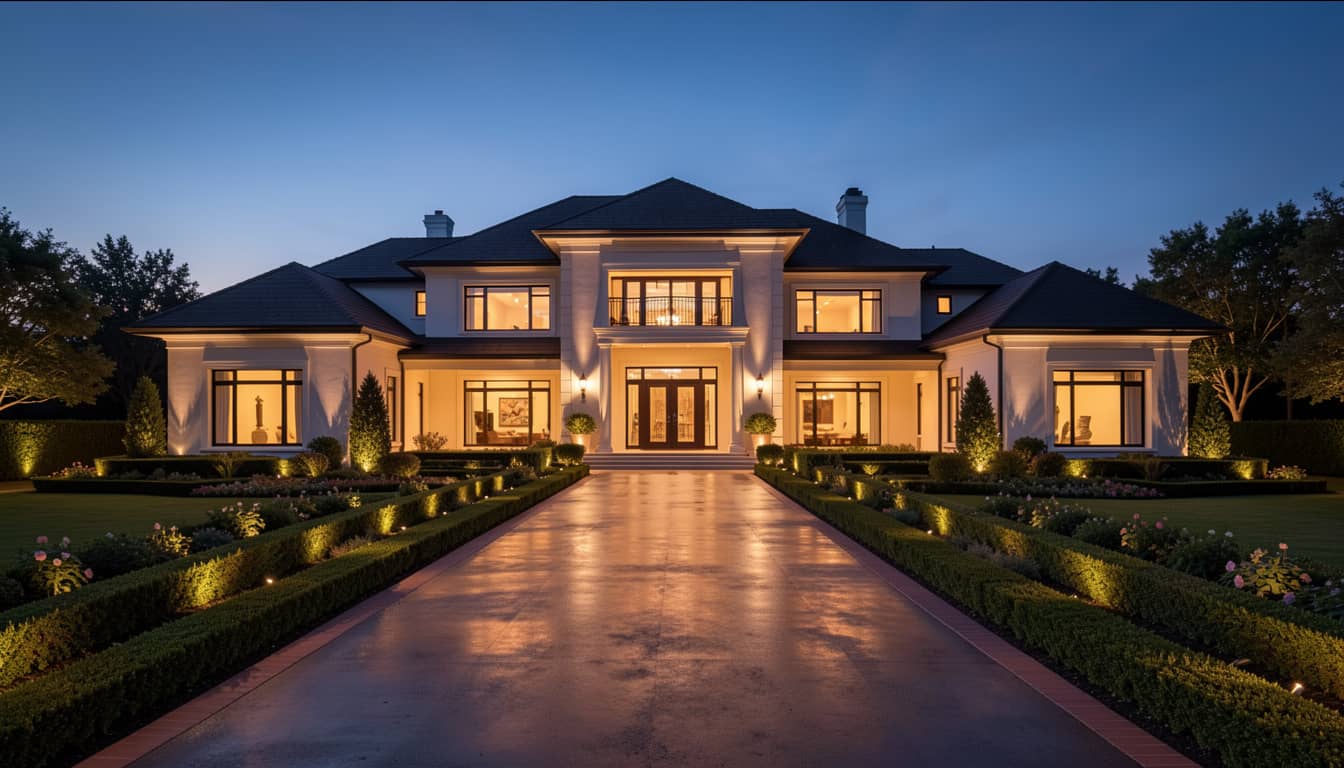 Grand luxury mansion front exterior at twilight, long driveway, dramatic architectural lighting