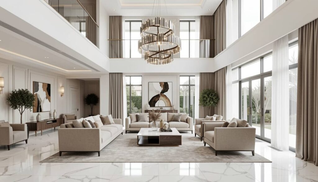 High-end luxury home interior with grand living room, double-height ceilings, designer chandelier, marble flooring, perfectly balanced lighting