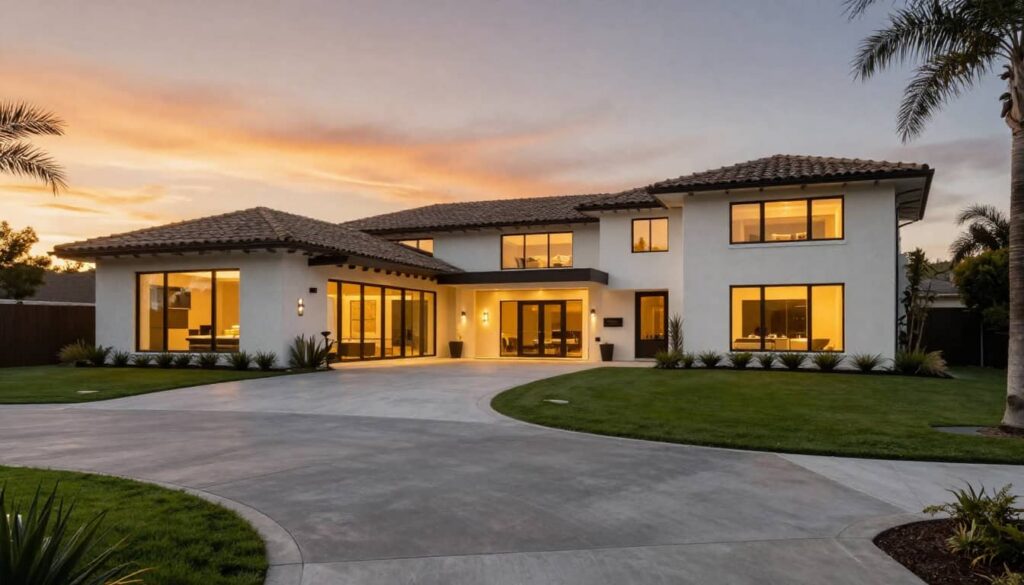 Ultra-luxury modern estate home in Coto de Caza, California, golden hour sunset lighting